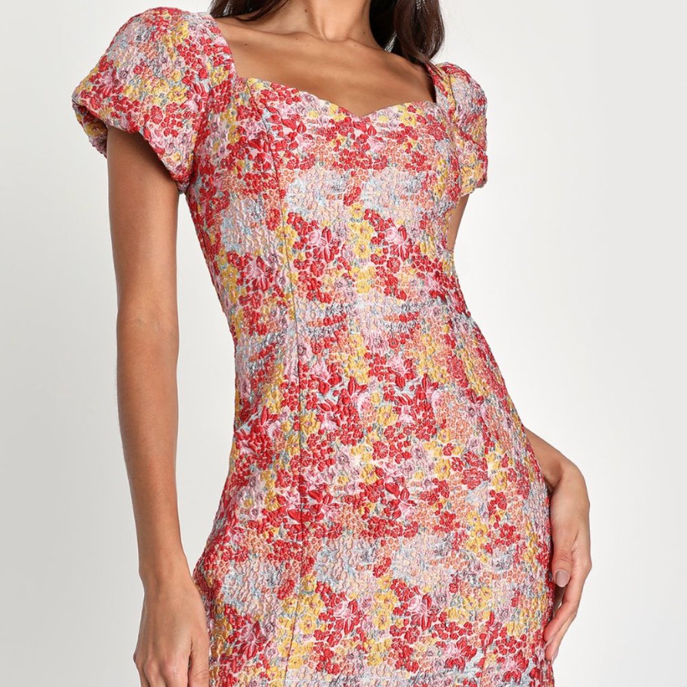 NWT Lulu's Floral Sweetest Essence Jacquard Puff Sleeve Metallic Mini Dress XL